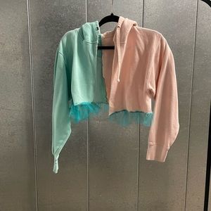 Custom handmade pink and aqua sweater with tulle